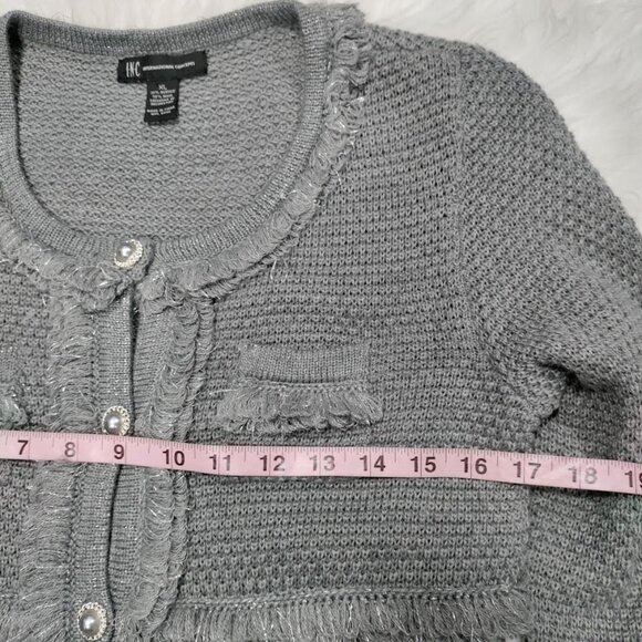 INC International Concepts Gray Silver Speckles Fringe Trim Knit Cardigan XL - Picture 10 of 12